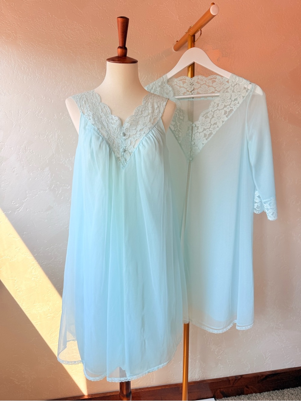 Vintage Vanity Fair Blue Peignoir Set | Sheer Nylon Nightgown & Robe | Lace